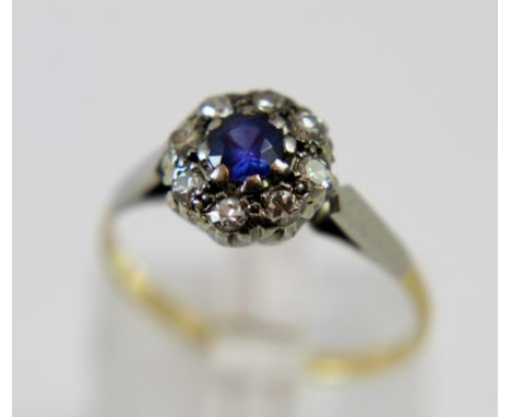 18 ct gold and platinum sapphire and diamond cluster ring, Size M 
