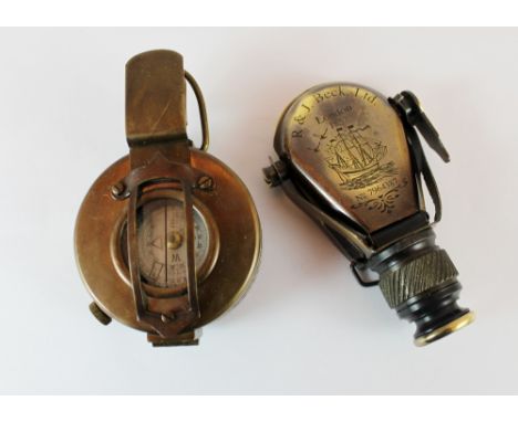 Brass telescope R&J Beck and a brass compass