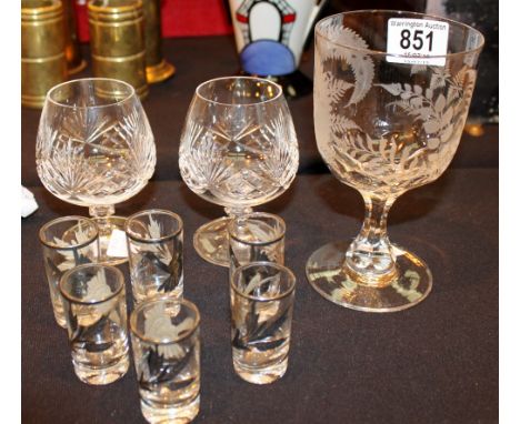 Etched glass rummer, pair of crystal brandy glasses and a set of unusually decorated shot glasses relating to duck hunting