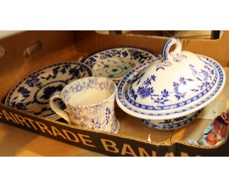 Victorian delft plates with matching tureen an antique mug and Royal Copenhagen dish