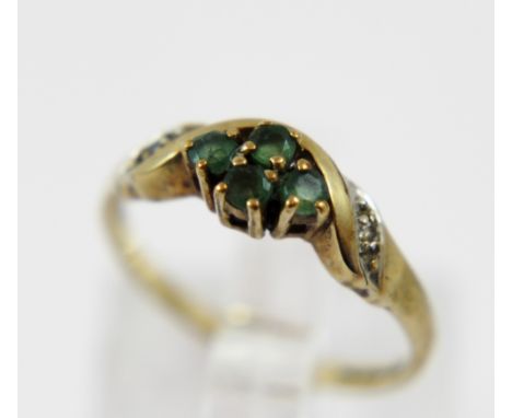 9 ct yellow gold, emerald set ring, size J.