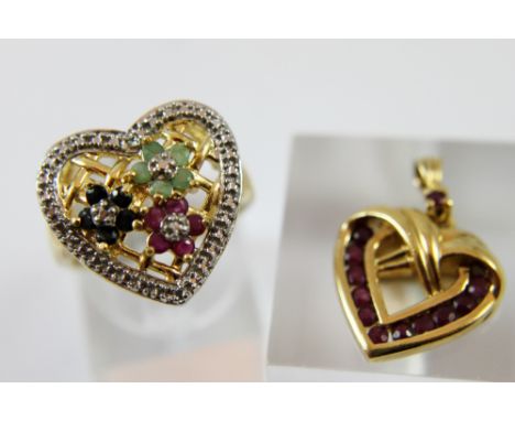 Sterling silver gold plated heart pendant and ring set with ruby, sapphire and emerald