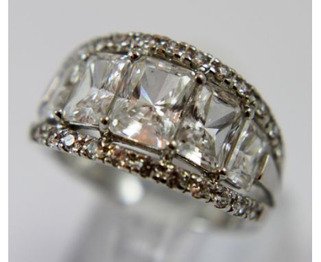 Sterling silver fancy emerald cut CZ half eternity ring, Size Q