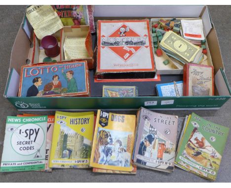 Twenty I-Spy books, c.1950's, vintage games including Monopoly, Lotto or House, Tiddlywinks, etc.