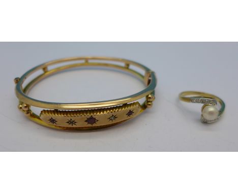 A 9ct gold bangle and a 9ct gold, pearl and diamond ring, (bangle 9.6g, a/f, ring 2.4g, P)