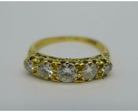 A Victorian style 18ct gold five stone diamond ring, approximately 1.2ct diamond weight, colour estimated H-I, VS2-SI2, weigh