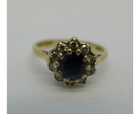 A 9ct gold, sapphire and diamond cluster ring, 1.8g, I