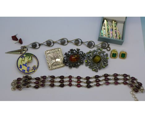 A pair of Christian Dior earrings and silver and gem set jewellery including bracelet and necklace, and three brooches