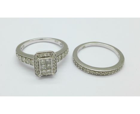 A 9ct white gold and diamond bridal ring set, marked 0.825 carats and 0.175 carats, (one carat total diamond weight), 6g, O