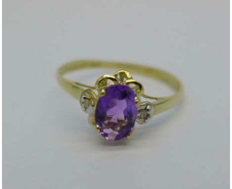 A 9ct gold, amethyst and diamond ring, 1g, P