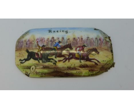 An enamel plaque with horse racing scene, 59mm, a/f