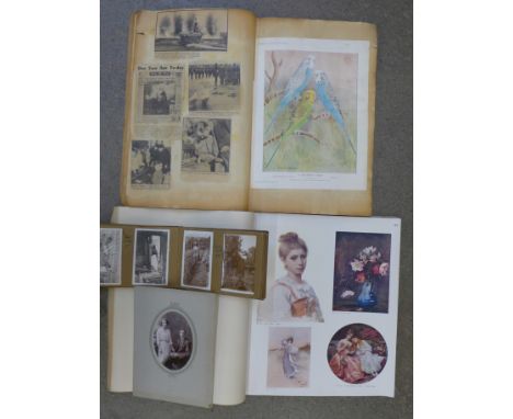 A post-war scrap album, a colour print catalogue, Edwardian album of photographs, etc.