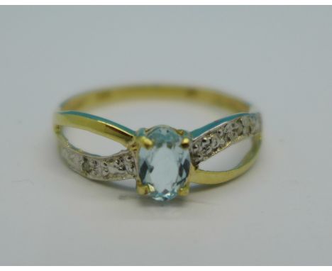 A 9ct gold, aquamarine and diamond ring, 1g, O