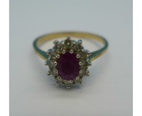 A 9ct gold, ruby and diamond ring, 3.7g, U