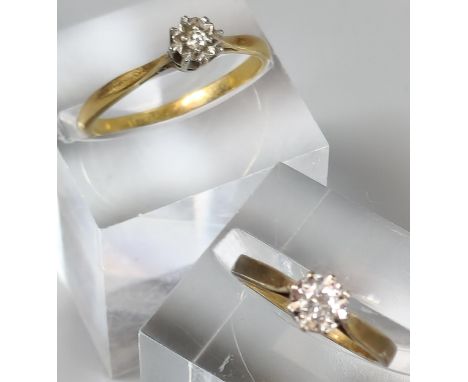 18ct gold diamond solitaire ring. 2.5g approx. Ring size O. Together with a 9ct gold diamond solitaire ring. 1.8g approx. Rin