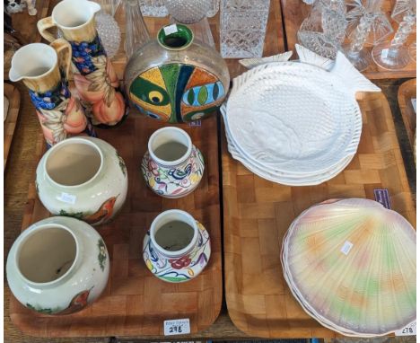 Two trays of various ceramics to include: pair of Royal Worcester Palissy Robin vases, pair of Poole pottery vases, an abstra