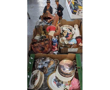 Three boxes of oddments to include: ceramics, Laurel and Hardy on a tandem bike and other Laurel and Hardy items, pendulum cl