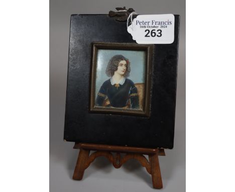 19th century painted portrait miniature of a distinguished lady in velvet dress. Ebonised frame. 6 x 5 1/4cm approx. (B.P. 21