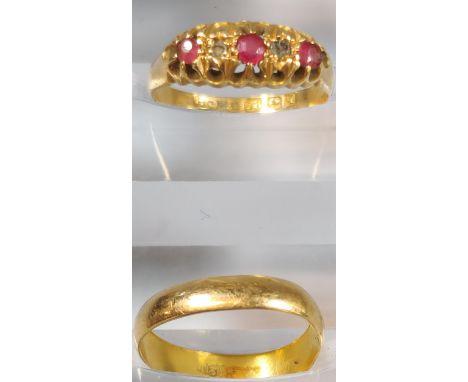 Yellow metal wedding band. 1.8g approx. Ring size J 1/2. Together with an 18ct diamond and ruby ring. 2.2g approx. Ring size 