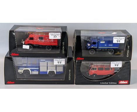 Four Schuco 1:43 scale diecast model vehicles in original boxes to include Ford Taunus Transit FK1000, Mercedes Benz Unimogs,