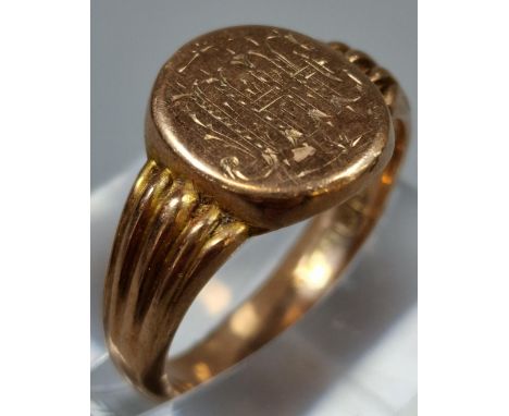 9ct rose gold signet ring with engraved initials. 6g approx. Ring size R. (B.P. 21% + VAT)