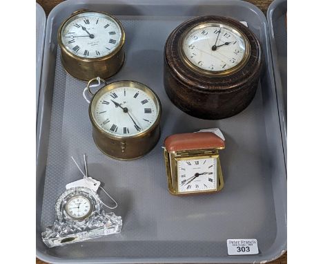 Two GWR clocks, one marked Kay &amp; Co Paris, together with an eight day oak cased clock, Waterford crystal quartz mantel cl