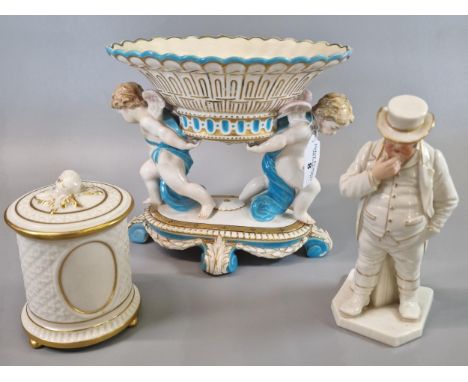 Collection of Royal Worcester porcelain items to include Blanc de Chine cylinder jar and cover, figure of John Bull designed 