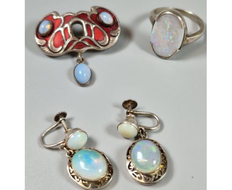 A collection of jewellery to include: opal dress ring and earrings and an Art Nouveau style brooch. (B.P. 21% + VAT)