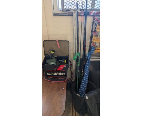 A good selection of assorted mainly sea fishing tackle to include: fixed spool and multiplier reels, lures, tackle box, boat 