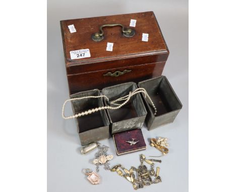 George III mahogany tea caddy, the interior revealing assorted jewellery to include: Victorian silver brooch, silver needle c