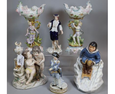 Collection of Continental and other porcelain figurines to include: Royal Dux, a Meissen porcelain study of a boy officer, a 