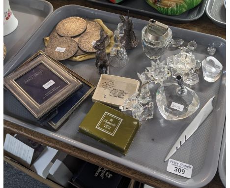 Tray of oddments to include: two modern silver picture frames, white metal study of a hare or rabbit, miniature white metal D