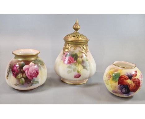 Collection of Royal Worcester porcelain items to include potpourri jar and cover hand-painted with roses and foliage, a rose 