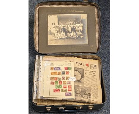 Suitcase of ephemera to include: two books of old GB and world stamps and many other stamps, original newspapers from 1966 co