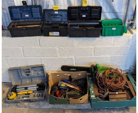 Large collection of assorted hand tools to include: spanners, two electric hand drills, planes and planers, electric chainsaw