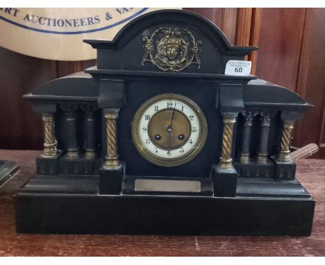 George V slate two train presentation architectural design mantel clock marked Fattorini &amp; Son Bradford, the silver plaqu