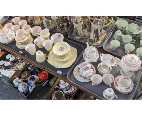 Three trays of assorted tea ware to particularly include a Shelley part floral set, Royal Albert 'Moss Rose', Paragon and Roy