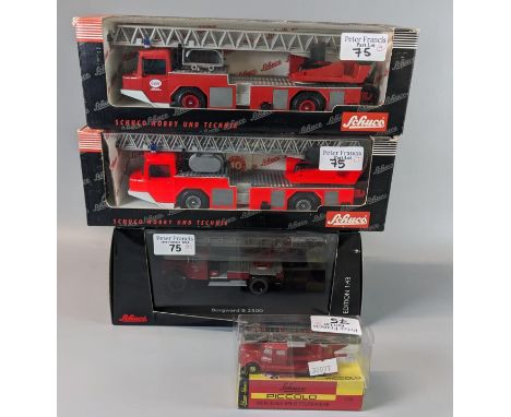 Three Schuco 1:43 scale fire engines in original boxes together with a Schuco Piccolo 1:90 scale Mercedes Benz Feuerwehr. (4)