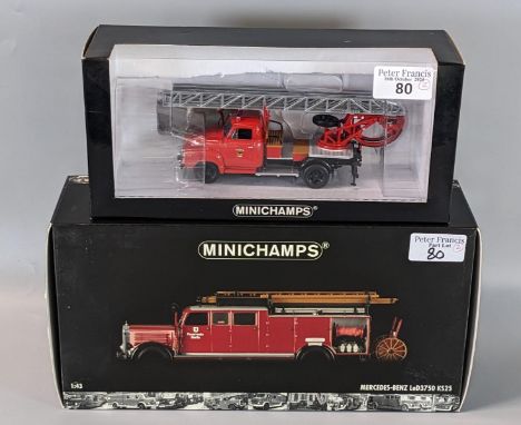 Minichamps 1:43 scale diecast model vehicle of a Mercedes Benz KS25 together with another Minichamps model of a fire van with