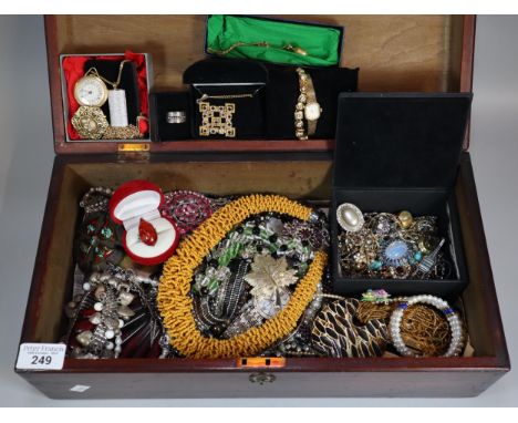 Mahogany box comprising vintage and other jewellery to include: watches, necklaces, pendants, amber ring, bracelets, brooches