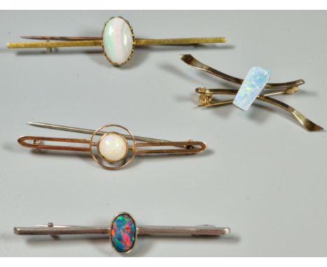 A collection of opal bar brooches. (4) (B.P. 21% + VAT)&nbsp;Additional images of bottom brooch.