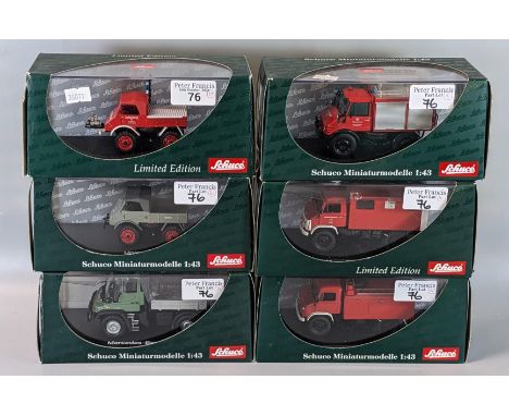 Collection of six Schuco limited edition miniature models 1:43 scale fire engines and fire related vehicles in original boxes
