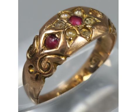 9ct gold pearl and red stone dress ring (missing stones). 2.7g approx. Size L 1/2. (B.P. 21% + VAT)