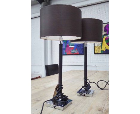 PORTA ROMANA LEATHER STICK TABLE LAMPS, a pair, with shades, 57cm H. (2)