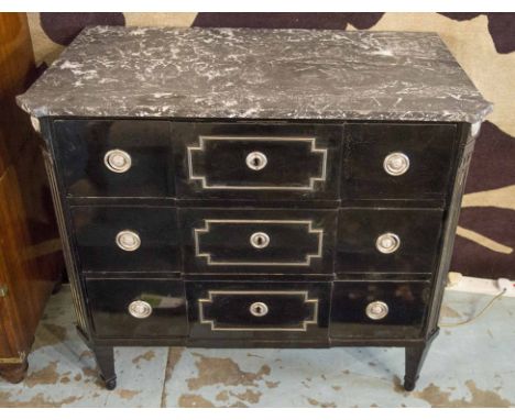LOUIS XVI COMMODE, 18th century French ebonised and silver metal mounted with three long drawers, 94cm x 51cm x 88cm H.