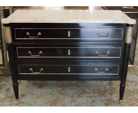 DIRECTOIRE STYLE COMMODE, ebonised and silvered metal mounted with curved black flecked white marble top and three long drawe