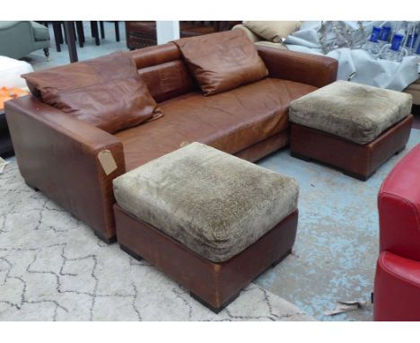 FENDI SOFA, large two seater, in tanned leather on square supports, 230cm L, plus a matching pair of footstools. (3)