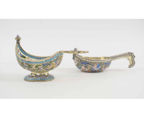 RUSSIAN SILVER AND CLOISONNE, enamel kovsh circa 1890 with 84 zolotniks mark and engraved inscription dated 15th July 1901, a