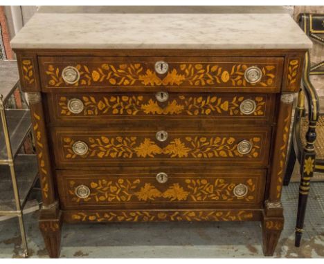 COMMODE, early 19th century Dutch Empire style mahogany and satinwood marquetry with veined white marble top and three long d