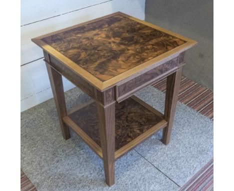 DAVID LINLEY 'CLASSIC' BEDSIDE TABLE, with a drawer and lower shelf in figured walnut, cost £3695 new, 50cm W x 50cm D x 61cm